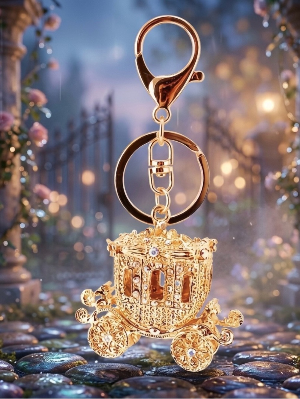 Gold-tone Crystal Cinderella Carriage Keychain - Picture 1 of 1